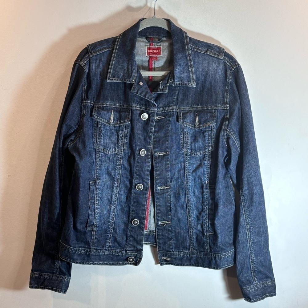 TOMMY HILFIGER Sz L  Vintage Mid-Wash Many Pockets Trucker Denim Jean Jacket